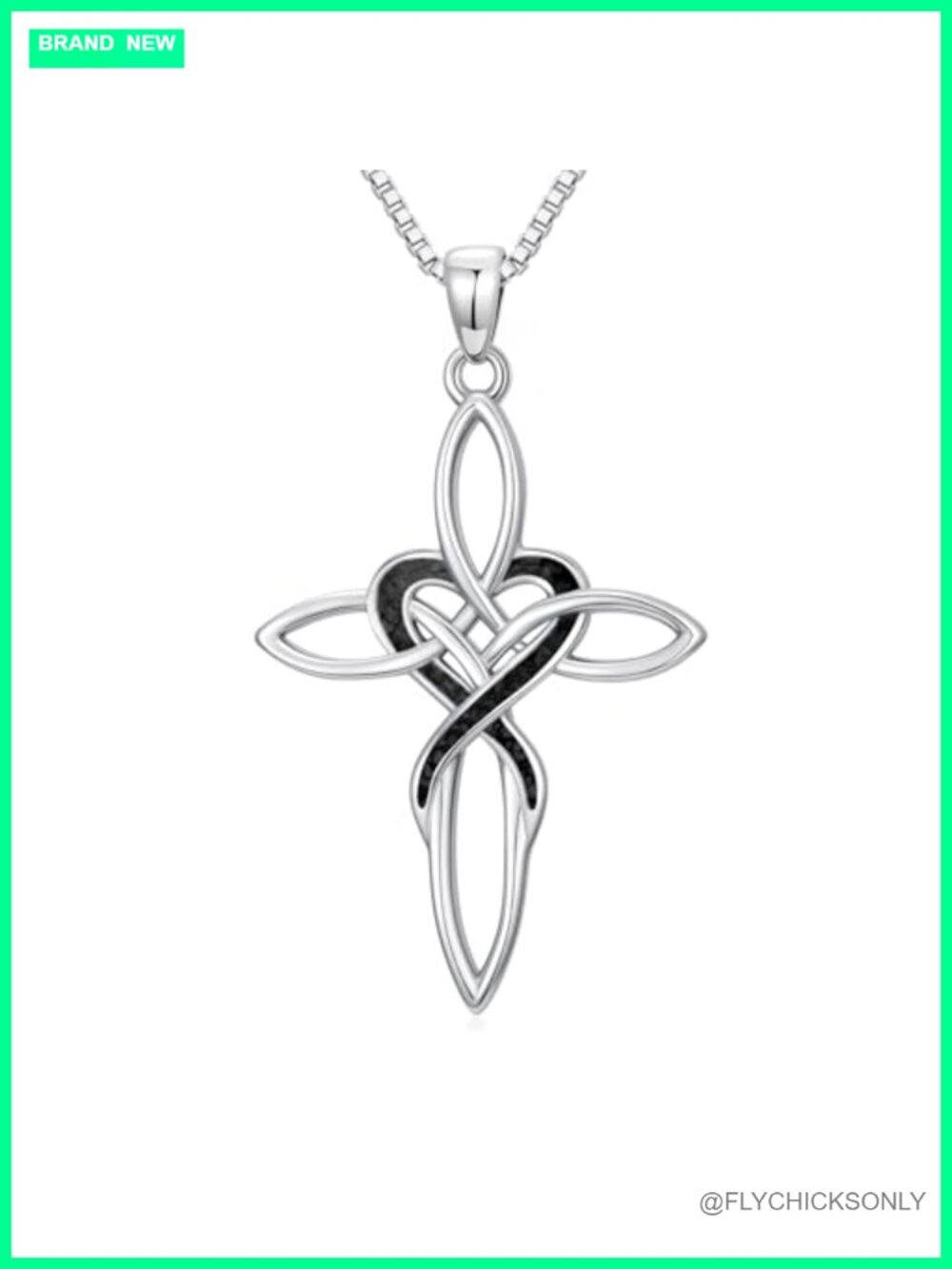 Celtic Knot Cross Pendant Necklace Plated Onyx Inlay 16cm Cable Chain